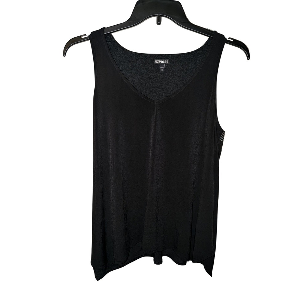Express Black V-Neck Tank Top Geometric Sequin Cutout Back Sleeveless Blouse XS‎